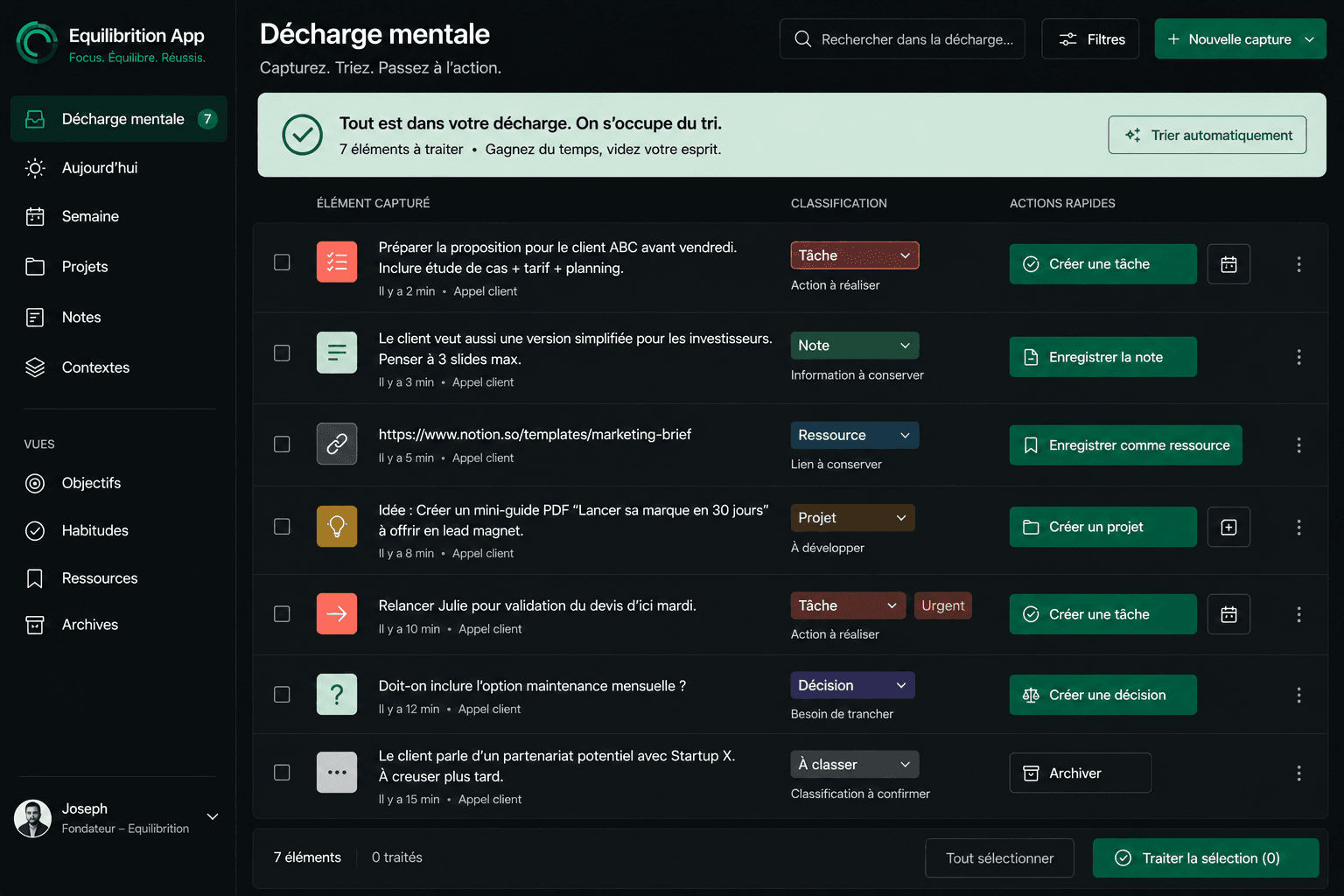 Equilibrition inbox with tasks, notes, resources, projects, and decisions ready to process