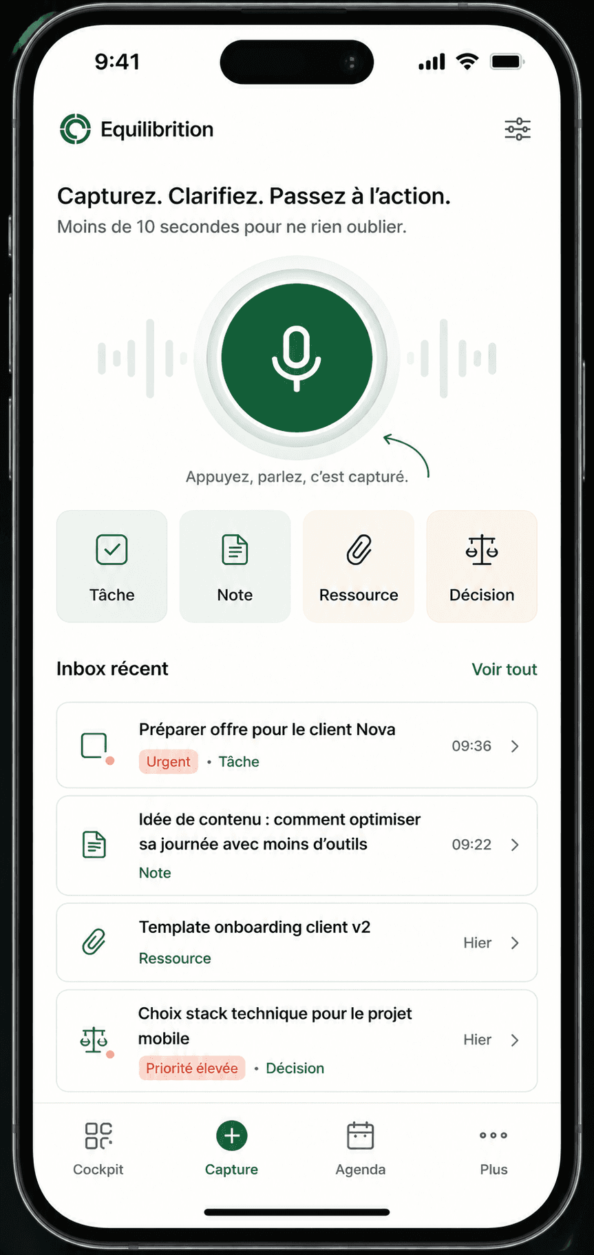 Equilibrition mobile capture for quickly recording an idea, task, resource, or decision