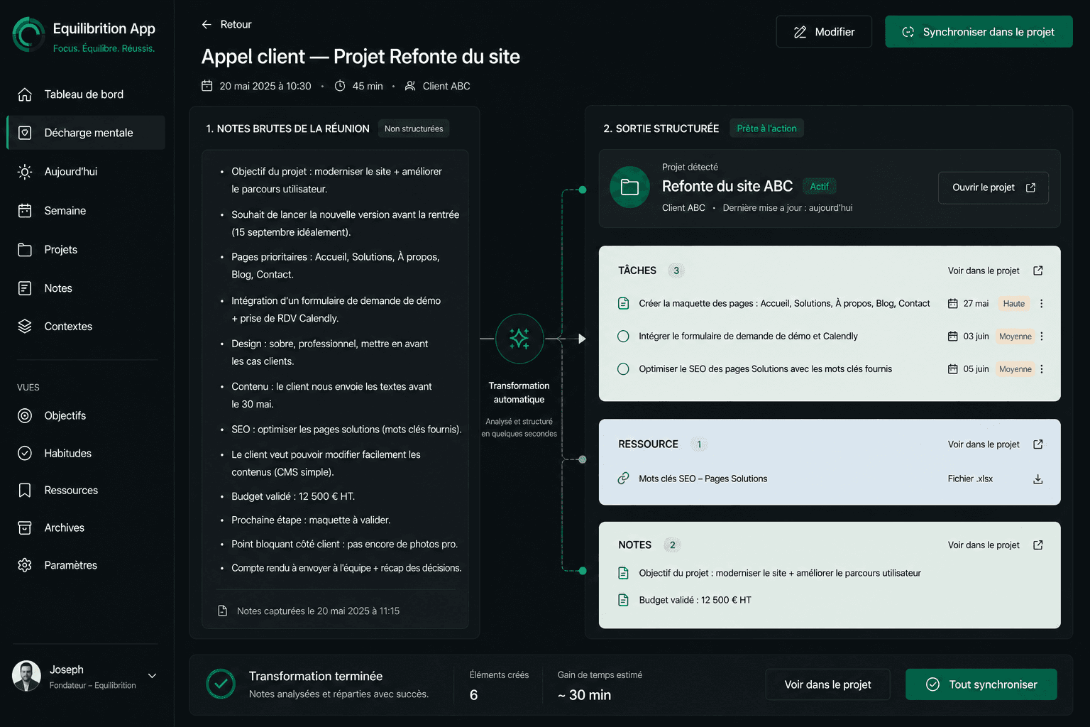 Notes brutes d'un appel client transformées en tâches, ressource et notes reliées au projet