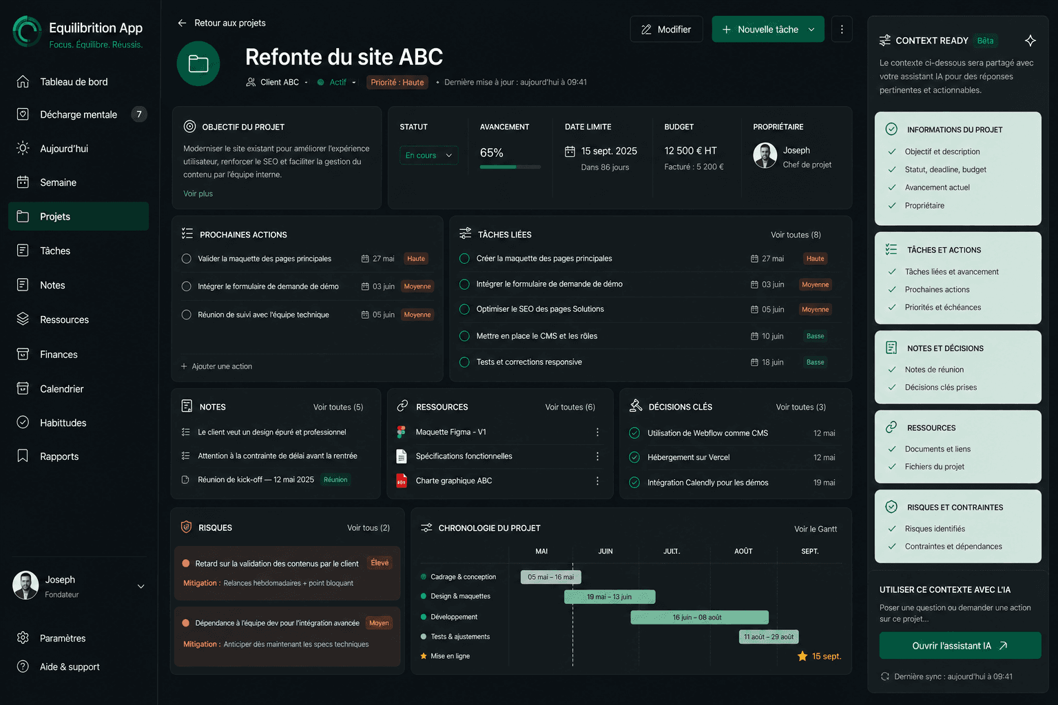 Equilibrition projects view — tasks, context and next actions